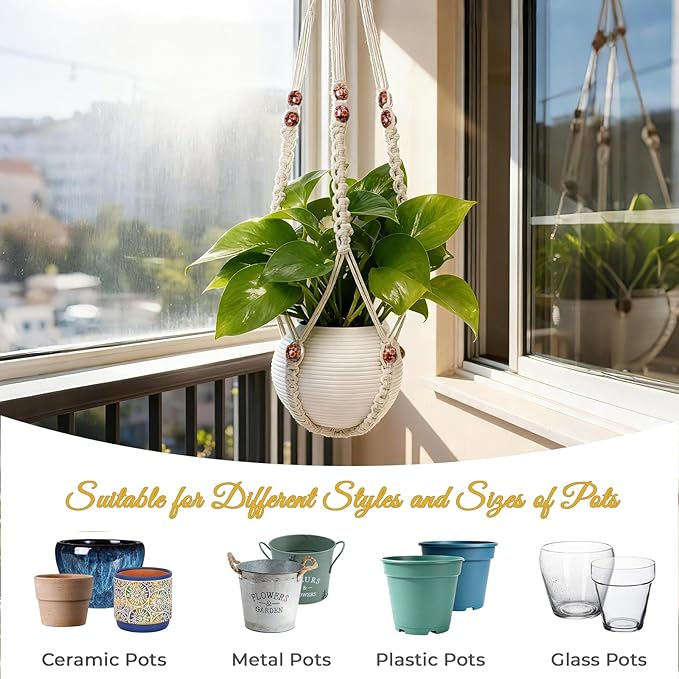 HOREAKHJ 35 Inch Macrame Plant Hanger, Large for up to 15 Inch Pot Extra Long Hanging Planter Holder Basket with Wood Beads for Indoor Outdoor Home Decor (Ivory, 2-Pack)
