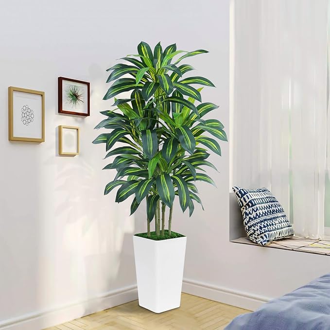 Keeplush 6FT Artificial Dracaena Tree - High-Density Foliage Fake Plant with White Tall Planter - Faux Yucca Floor Plant for Home Office Decor Indoor
