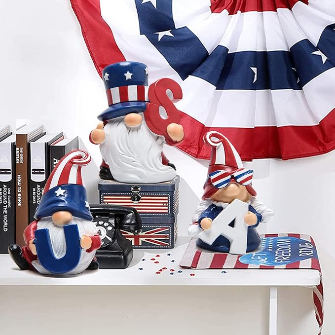 Hodao 3 Pcs Patriotic Gnome Decorations USA Stars and Stripes Elf Gifts Handmade Gnomes Figurines for National Day Memorial Day Ornaments Decor