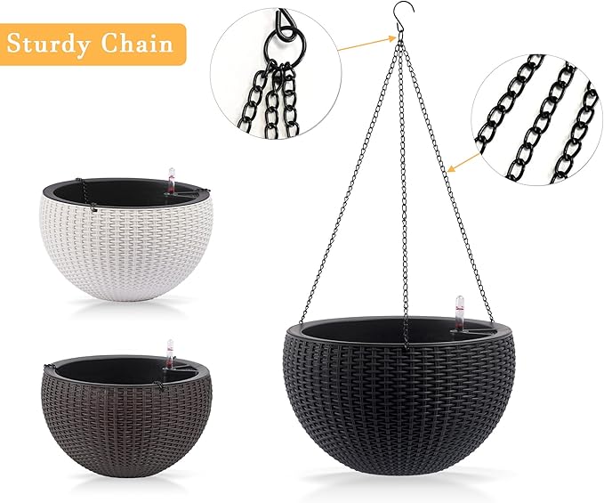 Vigo huseeo 13.5 inch 2Pack Large Hanging Planters for Outdoor/Indoor Plants, Self Watering Hanging Pot with Water Level Indicato, Drainage Holes and Chain for Garden Porch, Black