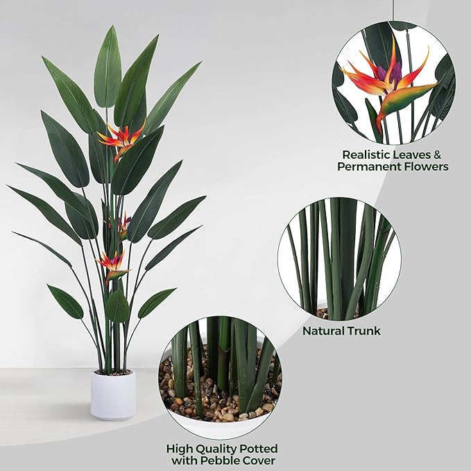 Artificial Bird of Paradise Plant 60in(5Ft) Tall Fake Banana Leaf Plant for Indoors and Outdoors, Artificial Flowers, Faux Palm Tree with Plastic Pot for Office and Home Decor