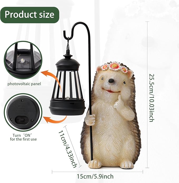Ploxoiven Garden Hedgehog Gnome Statue Decorations - Solar Resin Hedgehog with Solar Garden Lights Outdoor Decorations for Patio,Yard,Lawn,