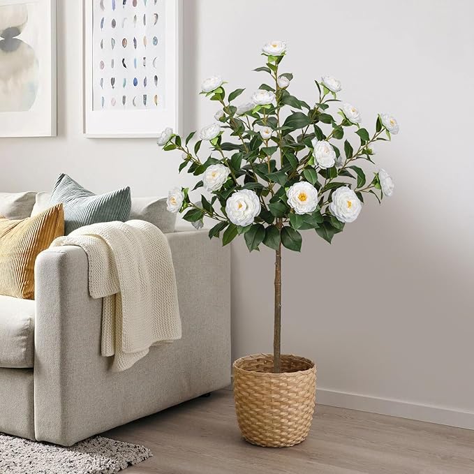 4ft Artificial Camellia Tree Fake Camellia Plant with White Flowers Faux Floral Plant Blooming Tree in Black Pot for Indoor Outdoor Office Home Front Door Porch Decor (2 Pack - White)