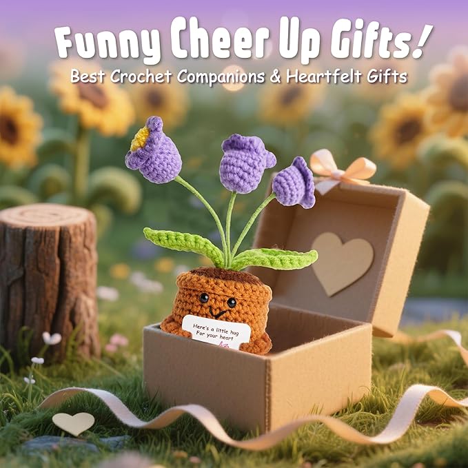 penzoos Emotional Support Plant, Handmade Crochet Potted Flower with Inspirational Message Card,Lavender Chime Knitted Flower, Stress Relief Gift for Friends, Family, and Coworkers