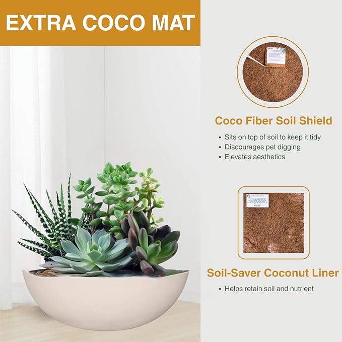 KUTE NEST 6.9" H x 19.7" D Round Bowl Fiberstone Planter for Succulent and Lotus with Drainage Hole, Smooth Finishes, Weather Resistant, Included 2 Extra Coco Mats (Kilim Beige, 17.9" Pot Opening)
