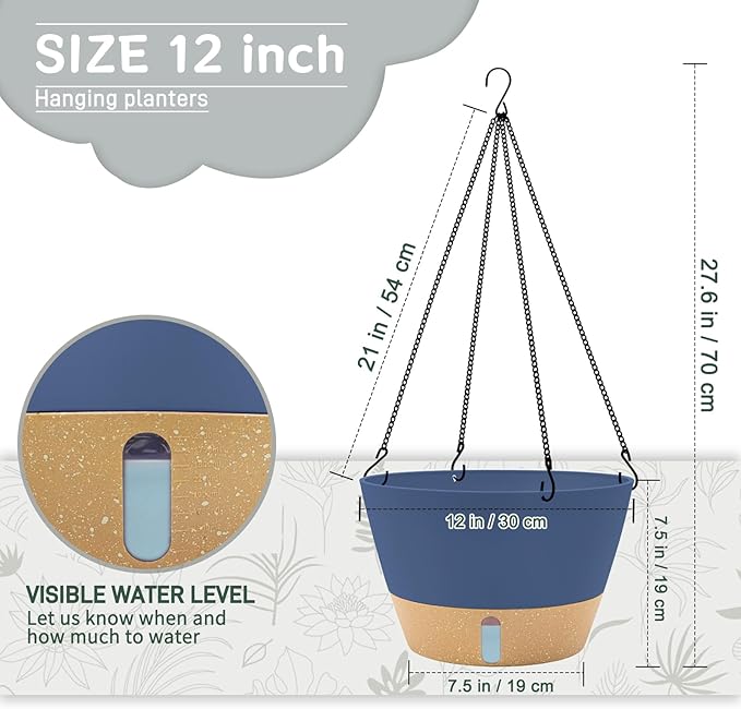 ZMTECH 12 Inch Hanging Planters for Indoor, Large Hanging Plant Pot with Visible Water Level and Chain, Self Watering Hanging Flower Pot for Outdoor Garden Porch(Blue)