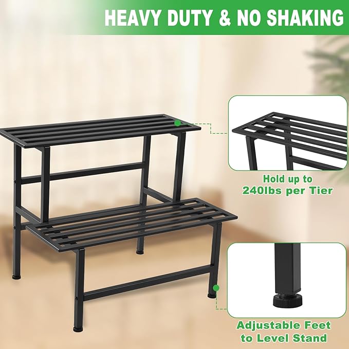 Dipion Metal Plant Stand Outdoor Plant Shelf Indoor,2 Tier Heavy Duty Ladder Plant Stands for Multiple Plants,26" L x 20.25" H x 17.75" W,Black