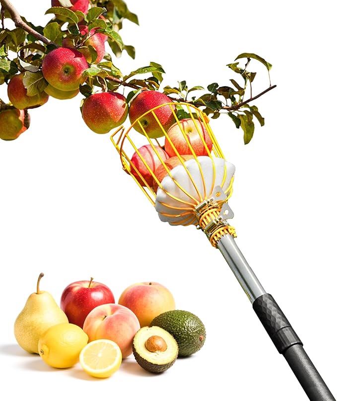 9FT Fruit Picker with Basket, Apple Picking Tool 35–105 Inch Adjustable Pole, Long-Handle Mango Grabber, Tree Fruit Catcher for Harvesting Lemon Pear Orange Avocado Peach Citrus Grapefruit