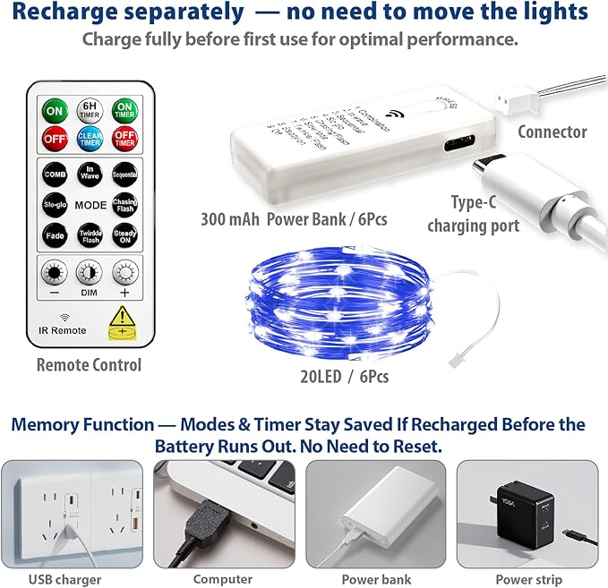 HXWEIYE 6 Pack Rechargeable Fairy Lights Battery Operated with Remote & DIY Timer, 7ft 20LED Mini Twinkle String Light for Mason Jar DIY Wedding Table Centerpieces Party Bedroom Christmas (Blue)