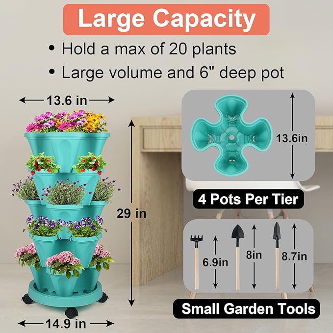 DUNCHATY Stackable Planter, Vertical Garden Planter with Wheels and Garden Tools, Strawberry Planter Indoor/Outdoor 5 Tier Herb Planter Pots for Growing Vegetables and Succulents,Teal