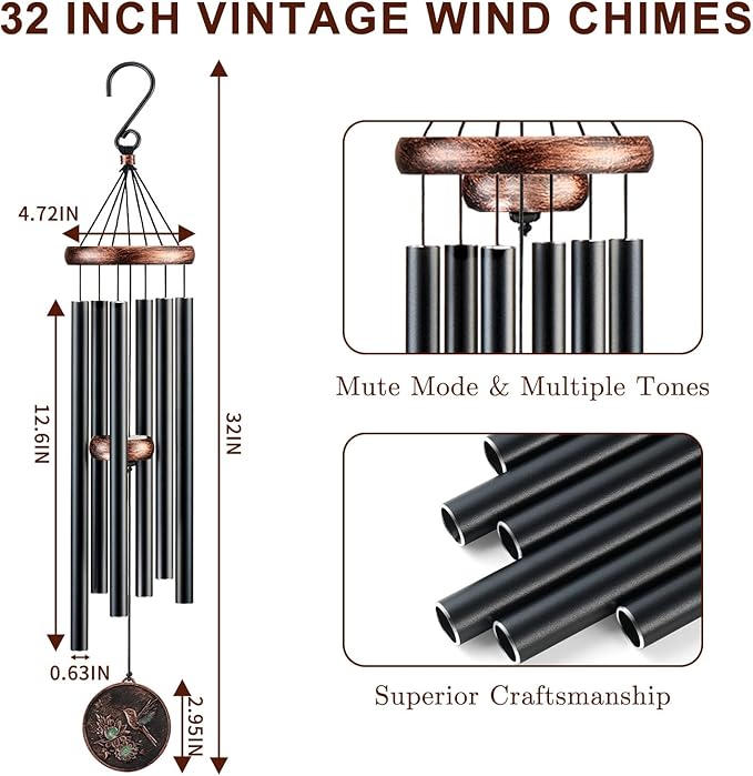 Gabzart Wind Chimes for Outside, Vintage Hummingbird Deep Tone Wind Chime Outdoor Clearance, Patio Porch Balcony Decoration, Garden Hanging Decor Gifts for Women Mom Grandma (32" Hummingbird)