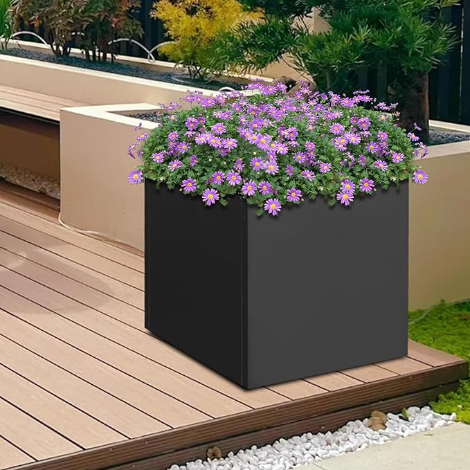 REBaiYU Steel Metal Square Planter Box for Indoor Outdoor, 20/24Inch Modern Flower Pots Tall Cube Planters with Large Opening Design for Plants, Flowers, Garden (Black, 24Inch)