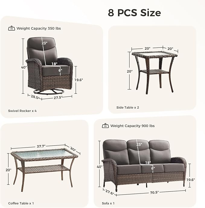 Luxury Patio Furniture Set with 6-inch Thick Cushions, Outdoor Furniture Set with High Back Swivel Chairs, 8 PCS Wicker Outdoor Conversation Set for Porch, Patio, Yard, Deck, Poolside, Brown/Grey