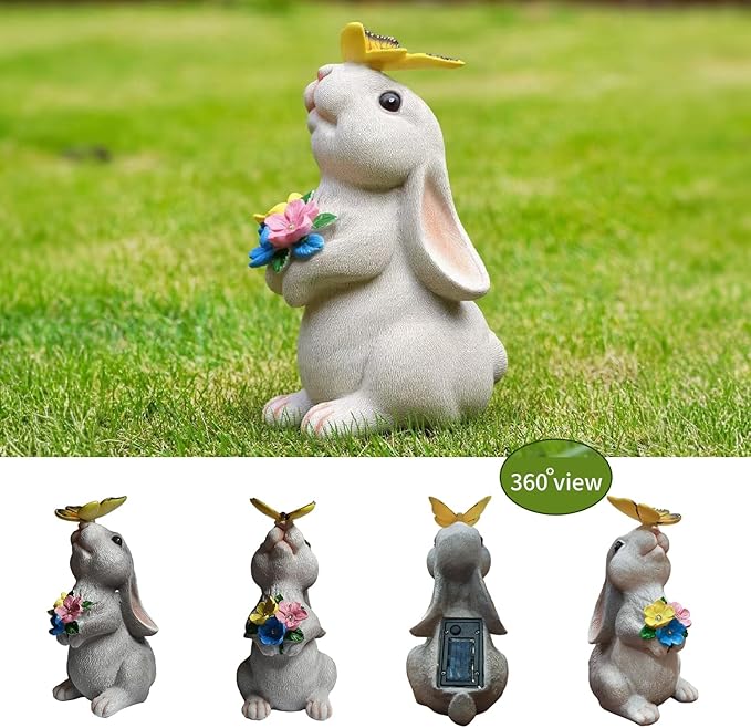 Solar Garden Statue LED Outdoor Garden Decor Funny Animal Sculpture for Yard Patio Lawn Weatherproof Resin Birthday Art Gift（Rabbit and Butterfly）