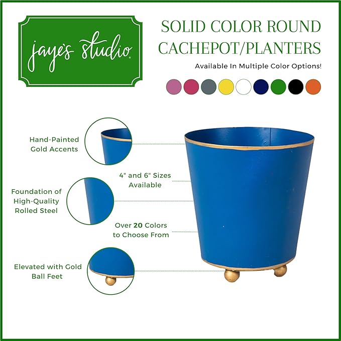 Jaye's Studio Mattie Blue, Decorative Round Cachepot & Planter, Matte Blue, Gold Trim & Finish, Hand-Painted, Handcrafted Metal, Luxury Indoor Planter, Size 6"
