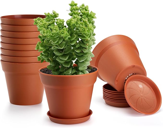 FHWTY 10 Pack Plastic Plant Pots with Drainage Holes and Tray, 6 inch Thickened Indoor Planters Seedlings Nursery Pots for Flowers, African Violet, Succulent and All House Plants, Terracotta