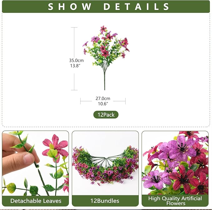 Artificial Flowers for Outdoors 12 Bundles Fake Plants Spring Home Decoration, Realistic Faux Flower Silk Daisy with Eucalyptus Stem UV Resistant Patio Planter Porch Yard Window (Light Purple Fuchsia)