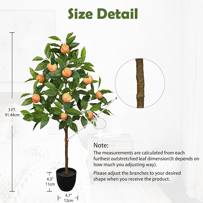 Artificial Peach Tree 3ft Fake Peach Fruits Plant in Pot Large Fake Floor Plants Faux Trees Indoor Apple Decorations for Home Living Room Office