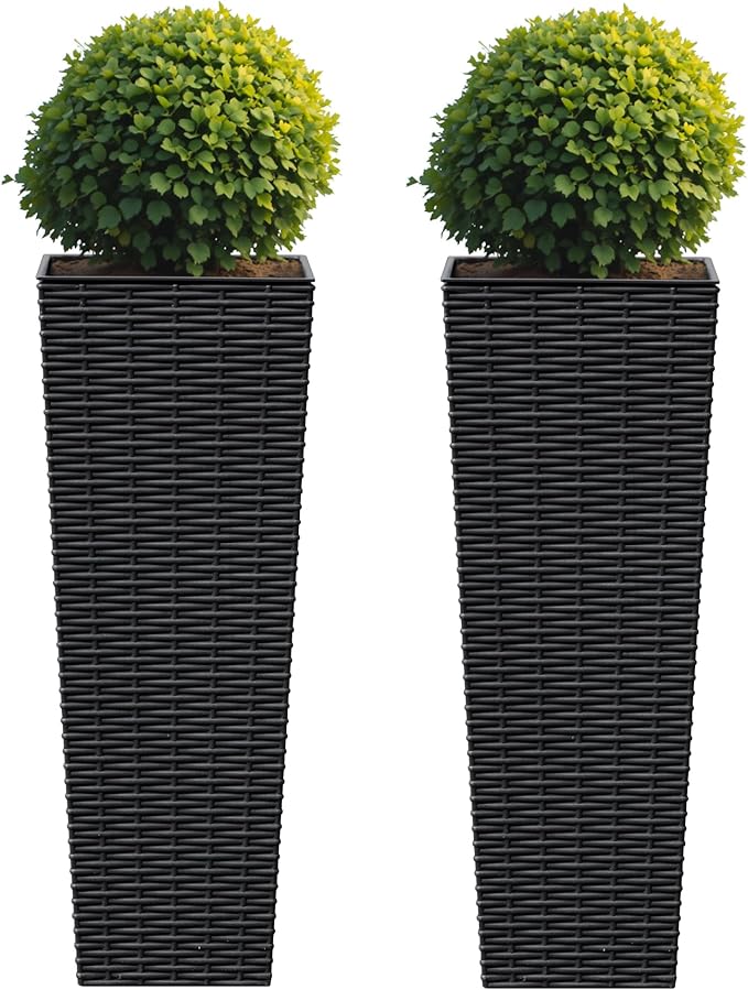 Flamaker Resin Rattan-Design Planters Set of 2, 24'' Tall Flowerpot with Additional Pot for Soil, Durable Weather-Resistant Planter with Drainage Holes for Garden, Patio, Backyard (Black, Small)