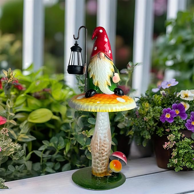 Solar Garden Gnomes Outdoor Statue, Waterproof Outdoor Mushroom Decor with Solar Lantern LED Lights for Yard, Patio, Lawn Ornaments, Valentines Day Gifts for Mom Women, Housewarming Gifts-16.5"