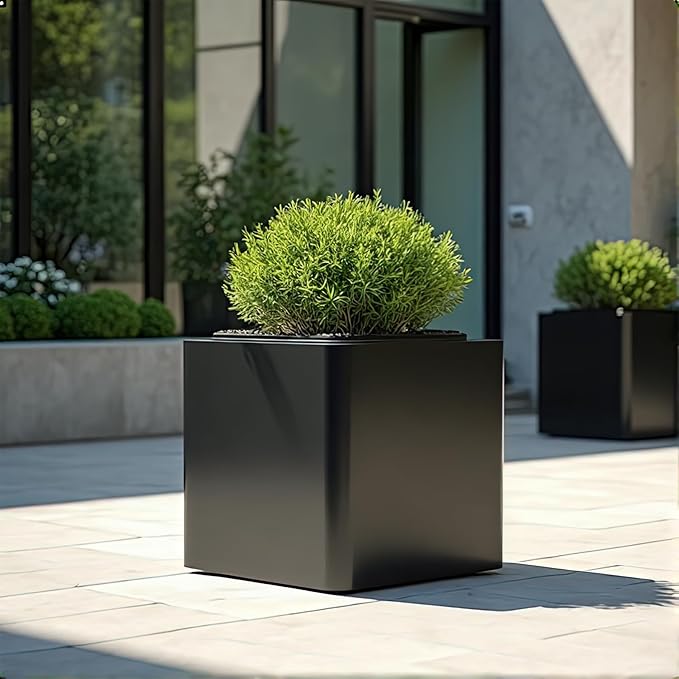 BHCORTEN Large Metal Square Planter 24" L x 24" W x 24" H, Heavy Duty Black Large Outdoor Planters with Drainage Hole for Porch/Patio/Garden