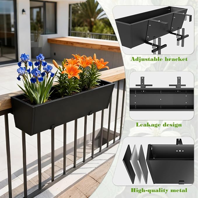 Railing Planter Box Metal Hanging Planter for Outdoor Balcony Heavy-Duty Window Planter Box with Adjustable Brackets 2PCS