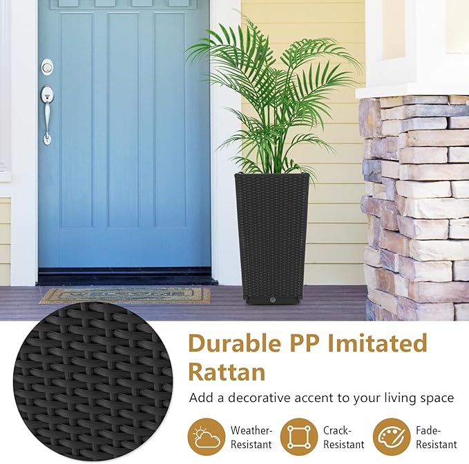 Giantex Outdoor Wicker Flower Pot Set of 2, 22.5 Inch Tall Planters with Drainage Hole, Self-Watering Tray, Rattan Flower Pots, Indoor Outdoor Planter for Porch Door Front Balcony Entryway (Black)