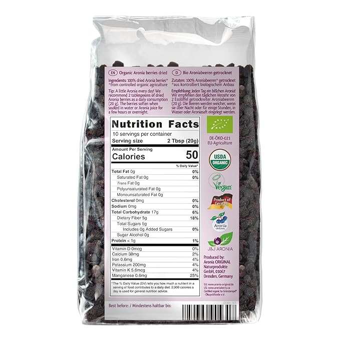 Organic Dried Aronia Berries 7.1 oz (6-Pack) – No Sugar Added | Vegan, Non-GMO, Gently Dried Black Chokeberries | High in Antioxidants & Fiber – Made in Germany