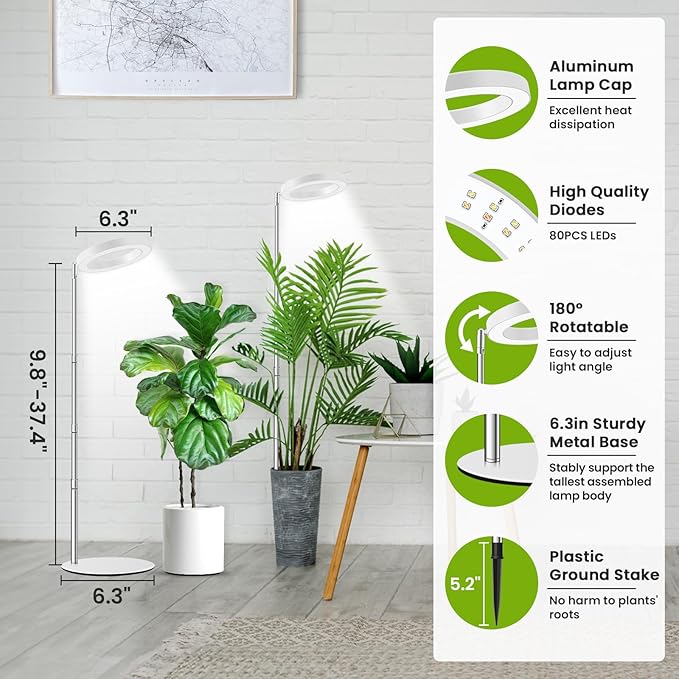 Kullsinss Grow Lights for Indoor Plants Full Spectrum, 80 LEDs Plant Light for Indoor Growing with 2 Mounting Options, 6/12/16H Timer, 3 Spectrum Modes, 9.8"-37.4" Height Adjustable Desk Grow Lamp
