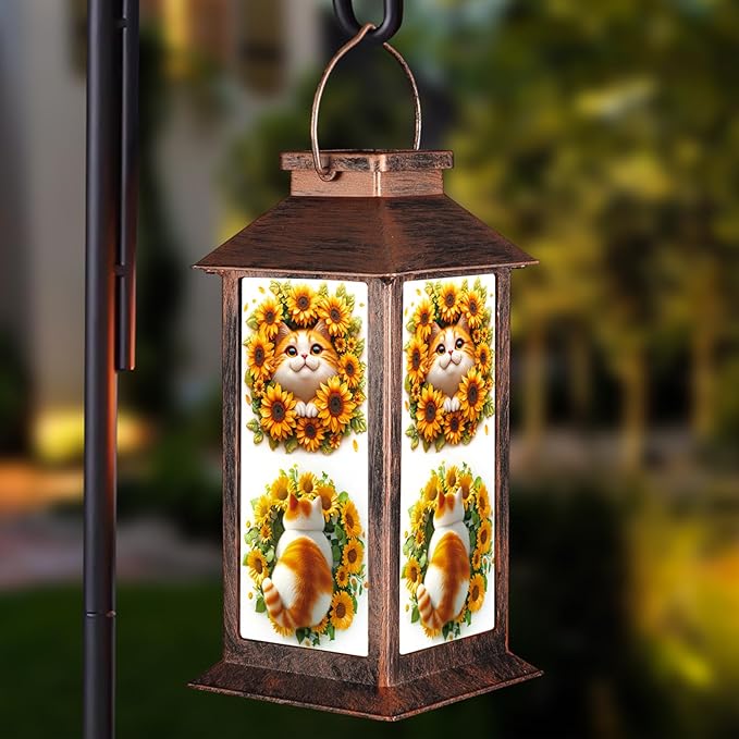 Solar Lanterns for Garden Decor,Waterproof Design Ideal Birthday Gifts for Women, Mom, and Grandma Solar LED Hanging Lights for Yard, Patio, Lawn, and Porch(Cat + Sunflower)