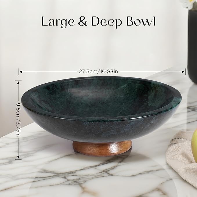 SAMAH Green Marble Fruit Bowl with Acacia Wood Pedestal, Large Decorative Footed Bowl, Natural Stone Centerpiece for Kitchen Counter, Entryway, Keys, Dining Table, House Warming Gifts New Home(11Inch)