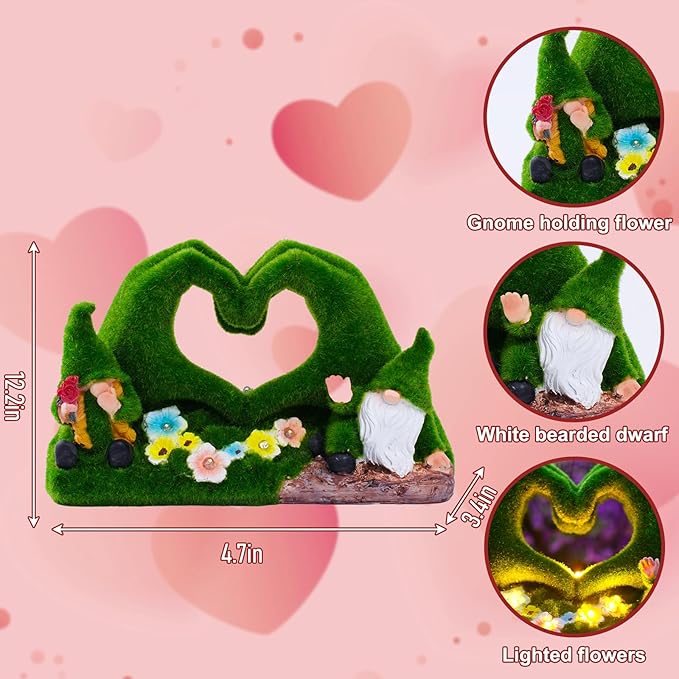 twinbling Valentines Day Gifts for Her Garden Gnome Statue Heart-Shaped Moss Covered Outdoor Garden Decor Cute Gnomes Decorations for Home Patio Yard Balcony Lawn Decor
