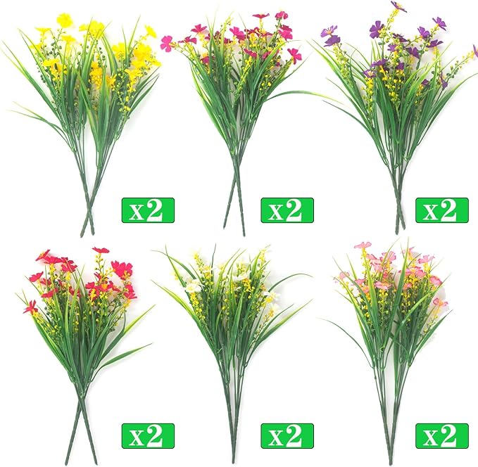Grunyia 12 Bundles Artificial Flowers Faux Plants Spring Decoration Plastic Plants UV Resistant Shrubs for Home Indoor Outside Garden Window Porch Pots Decoration (Multicolor)