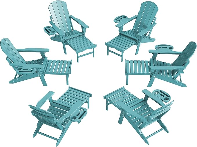 Adjustable Adirondack Chair with Retractable Ottoman Set of 6, HDPE Folding Adirondack Chair with Cup Holder, All Weather Fire Pit Chair for Outdoor.