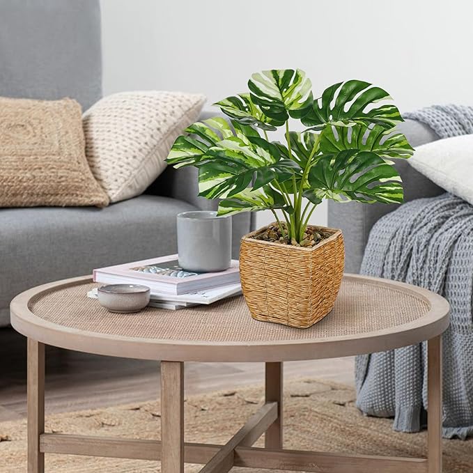 Briful Fake Plants Potted Variegated Monstera Artificial Plants Indoor Realistic Greenery Faux Plants in Square Plastic Rattan Baskets for Home Decor Farmhouse Office Weddings