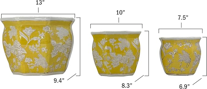 Galt International Yellow & White Round Fluted Floral Porcelain Ceramic Plant Flower Planter Pot Set of 3 (7.5", 10", 13") Garden Pots Chinese Asian Design