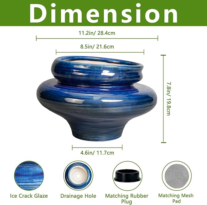 Teagas Ceramic Pots for Plants - 11 Inch Ceramic Planter for Indoor Outdoor, Unique Planters with Drainage Hole, Decorative Flower Pot, House Office Garden Decor, Plants Lover Gifts, Blue