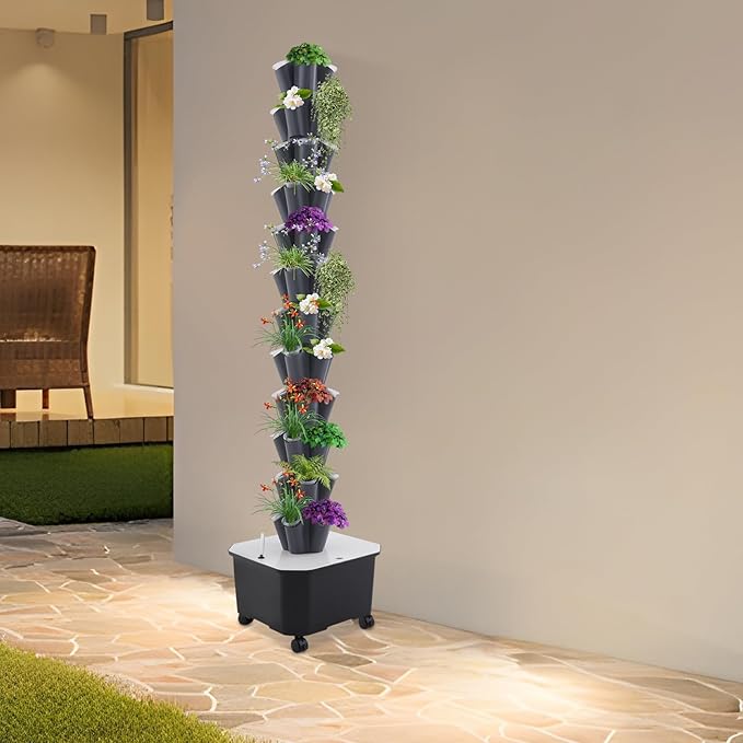 12-Tier Hydroponic Growing Tower, 60-Plant Indoor Gardening System w/Automatic Water Circulation, Vertical Aeroponic Tower Garden for Herbs, Vegetables, Fruits (Grey, 60-Plants)