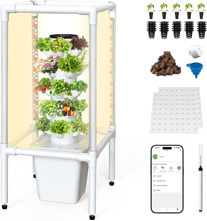 SJZX Hydroponics Growing System, Hydroponic Tower with Full-Spectrum Grow Lights, 5 Tiers Indoor Outdoor Garden Planter, Vertical Home Gardening Germination Kits for Vegetables, Fruits, Herb (25 Pods)