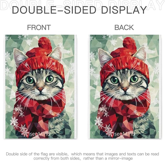 American shorthair Cat with Red Scarf and Hat Snowflake Christmas Garden Flag, 28x40 Inch Double Sided Linen Holiday Red Winter Farmhouse Yard Outdoor Decoration (4330)
