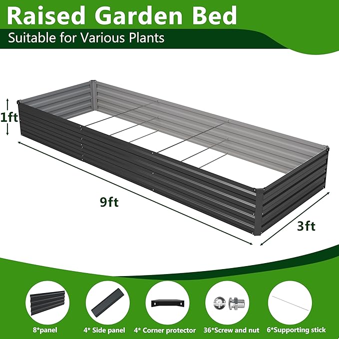 Easllre 2PCS 9x3x1ft Galvanized Raised Garden Bed Kit, Galvanized Planter Raised Garden Boxes Outdoor, Large Metal Raised Garden Beds for Vegetables,Black