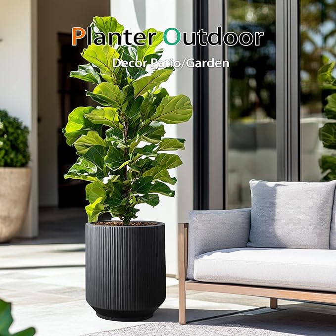Heyzier Concrete Planter Outdoor Indoor, Large Cement Plant Pots with Saucer for Trees Flowers (Vertical Black, 17 inch)