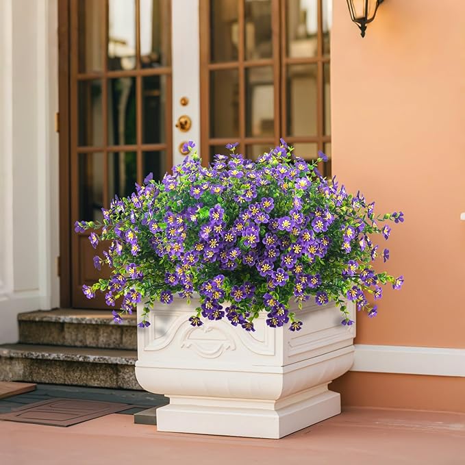 Grunyia Outdoor Artificial Flowers UV Resistant & Fade Proof, 12 Pack Realistic Fake Flowers for Garden, Patio, Lawn Decor - Weatherproof Plastic Plants (Purple)