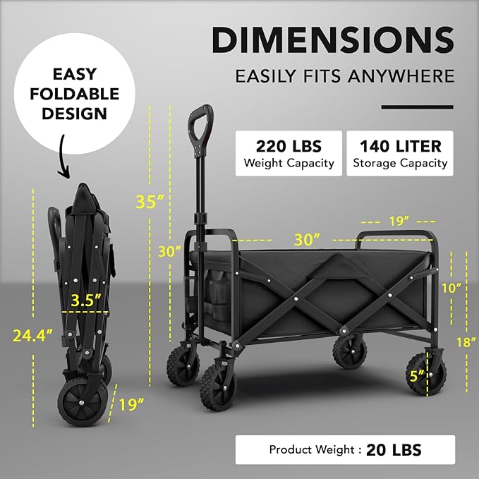 Lifetime Home Collapsible Foldable Heavy Duty Utility Wagon Cart with Larger Capacity - Perfect for Shopping, Sports Events, Grocery, Moving, Camping, Laundry, Beach - Black
