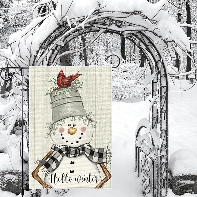Snowman Cardinal Hello Winter Garden Flag 12x18 Inch Double Sided, Winter Holiday Yard Outdoor Flag