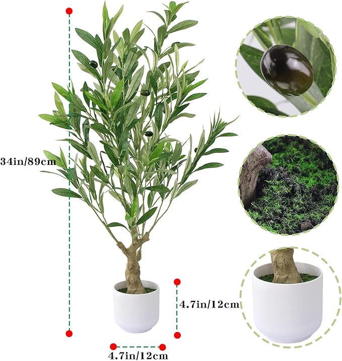 Abyjifar 34" Fake Olive Tree with Pot Indoor, Small Artificial Olive Branches Stems Potted Greenery Faux Green Plants in Pot for Tabletop Desk Office Bedroom Bathroom Kitchen Living Room Home Decor