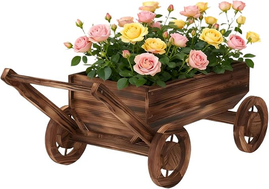 Wooden Flower Cart with Wheels Wooden Wagon Planter Outdoor Garden Planter Decor Planter for Patio Balcony Trolley Decoration Succulent Flower Pot, Indoor Backyard Balcon Decor（Large）
