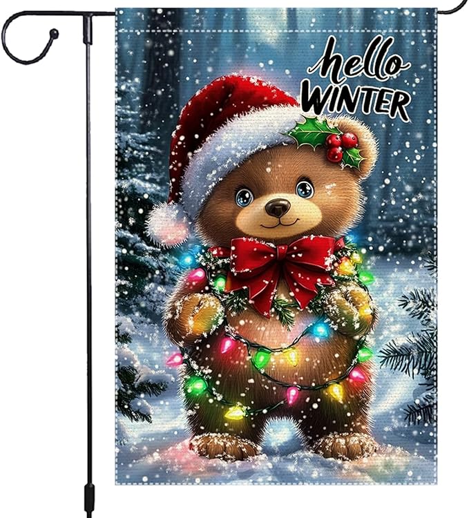 Hello Winter Garden Flag 12x18 Inch Double Sided Burlap Christmas Yard Flag Cute Bear with Lights Holiday Outdoor Small Winter Decorations for Lawn Porch Patio Tree