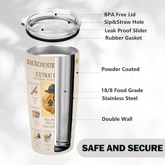 SNUGLYZEN Hunting Gifts Tumbler 20oz Insulated Stainless Steel Cup – Retro Newspaper-Style Hunter Creed Quote, Ethical Hunting & Woodsmanship – Gift for Hunters, Dad, Truck Travel, Camp