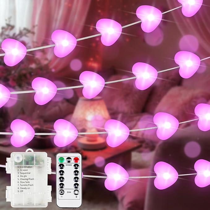 Valentines Heart Fairy Lights Battery Operated with Remote, 10FT 30 LED Pink Heart String Lights with 8 Modes & Timer, Twinkle Light for Outdoor Indoor Proposal Anniversary Wedding Valentines Decor